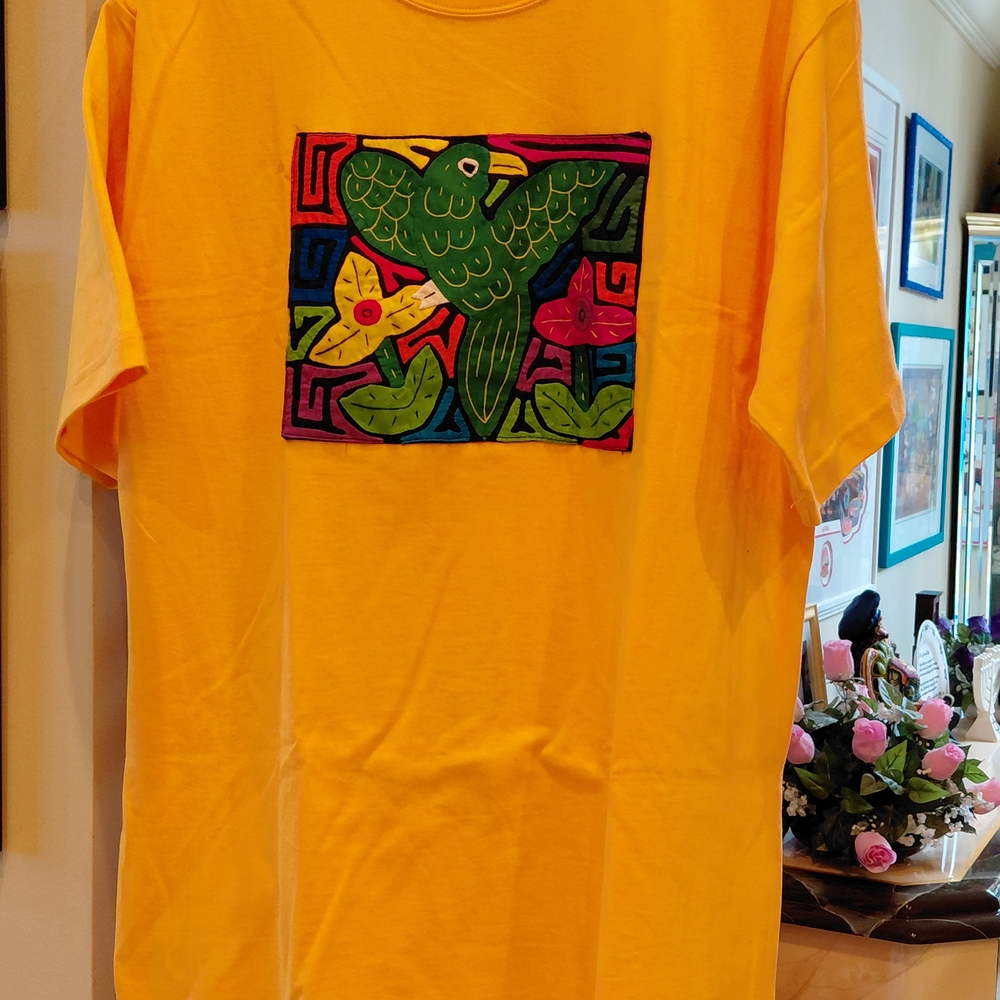 Yellow T-Shirt with Colorful Bird Patch